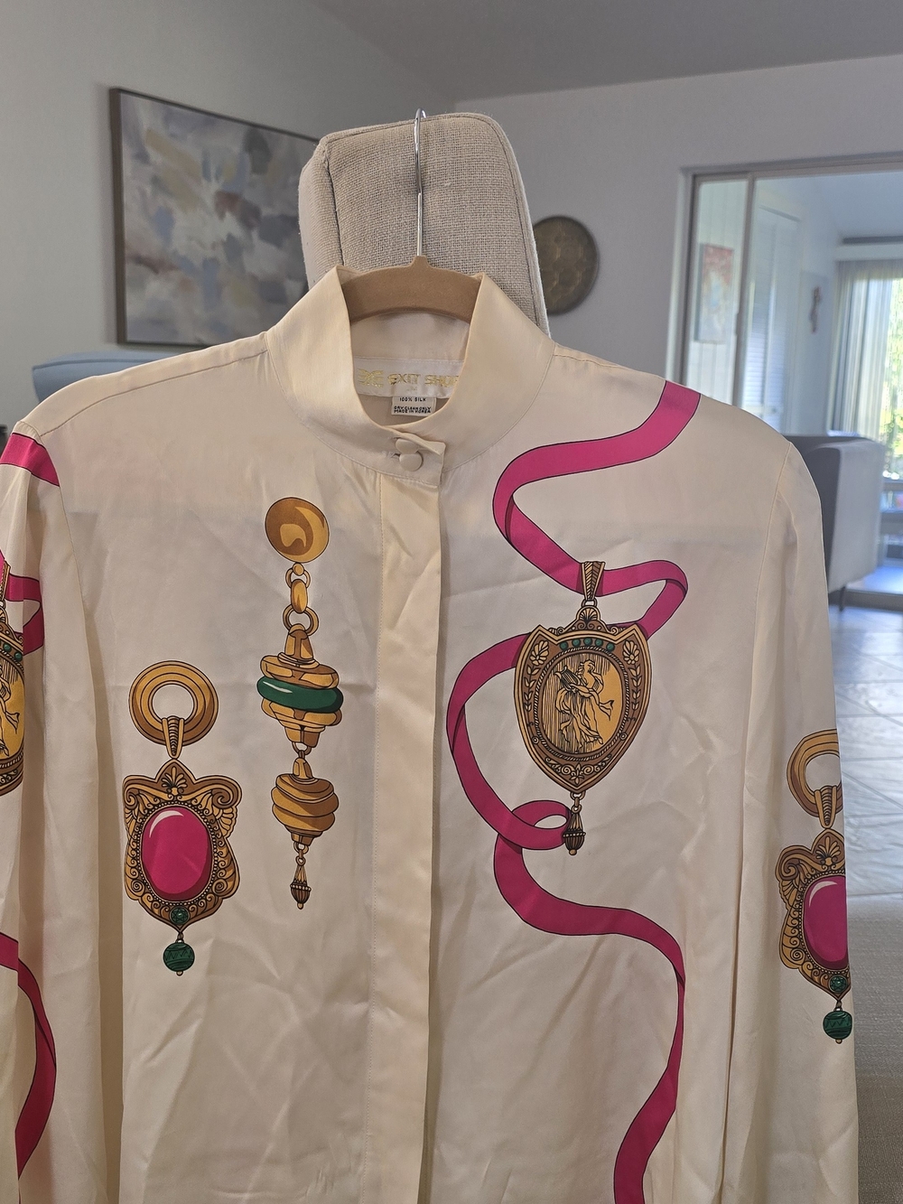 Silk Cream Blouse with Pink & Gold Medallion Print - Vintage Style